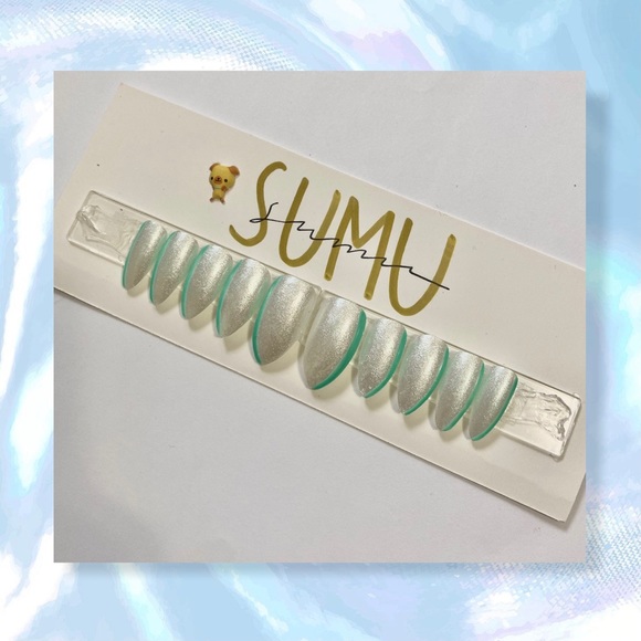 PEARL CHROME & TEAL POP PRESS ON GEL NAILS - Picture 2 of 4